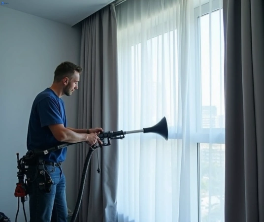 Professional commercial curtain cleaning process equipment Matty Curtain Cleaning chevron-island