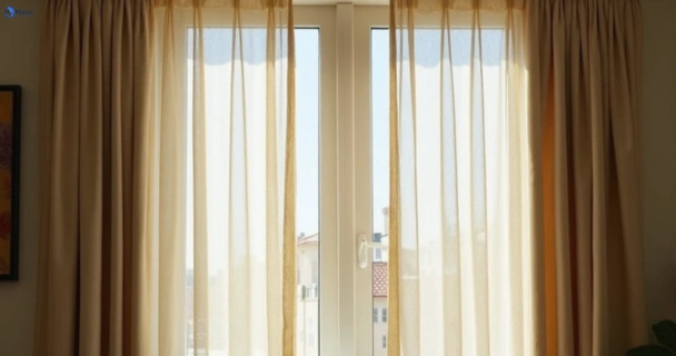 Dusty and dull curtains in chevron-island before steam cleaning